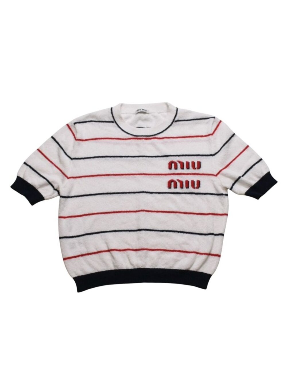 Miu Miu Short Sleeve Top Cropped Length Pile Border Pattern White 38